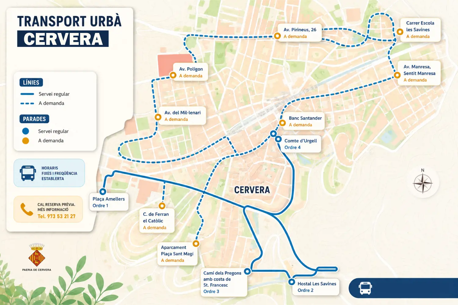 Imatge de les rutes i informació bàsica del bus urbà de Cervera.